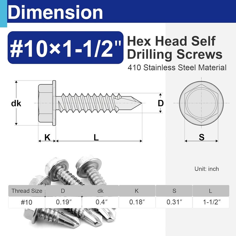 Usdrwam 50Pcs #10×1-1/2" Self Tapping Screws for Metal, 410 Stainless Steel Hex Washer Head Sheet Metal Screw - Image 2